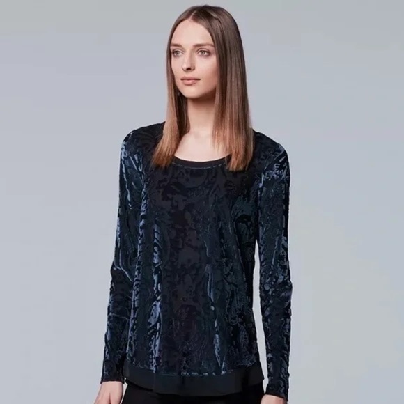 Simply Vera Vera Wang Top Womens Petite XL Velvet Tunic Black Reflection Pond‎ - Picture 1 of 13